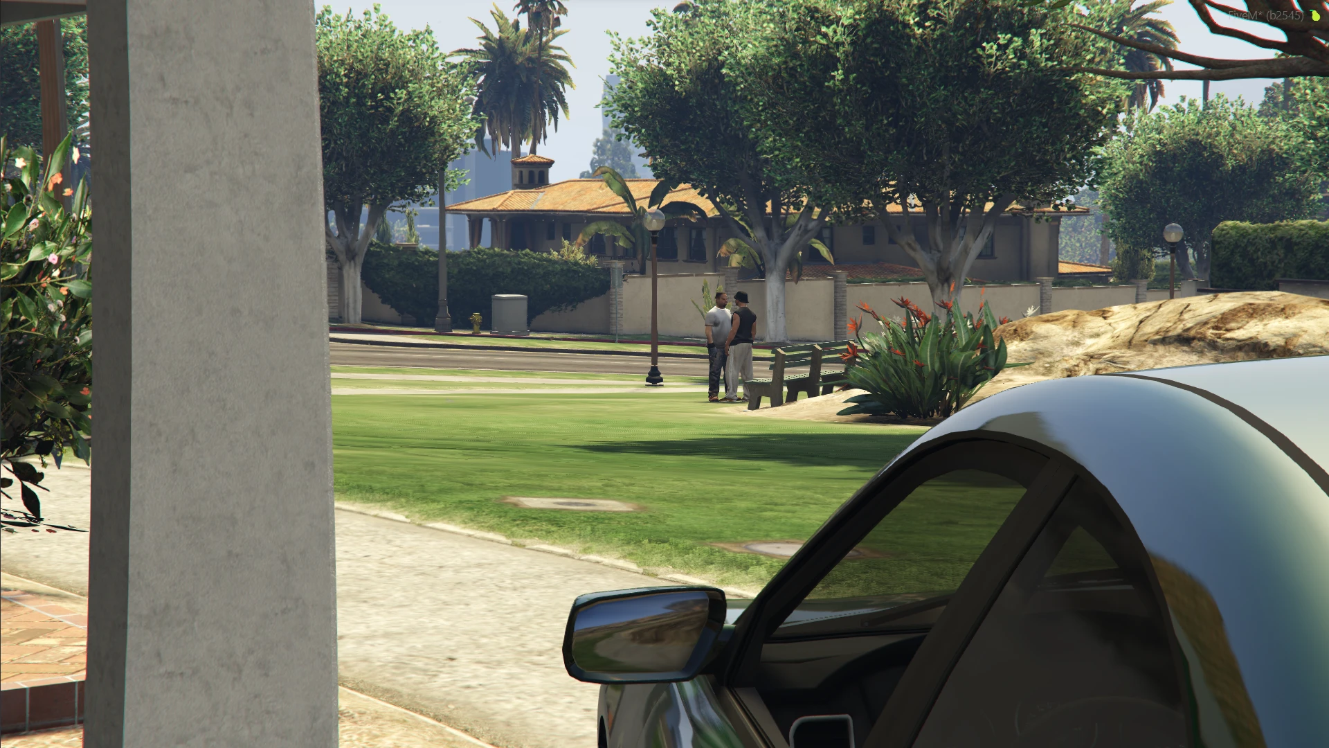 An Officer inside an unmarked Buffalo SX is observing a player selling drugs