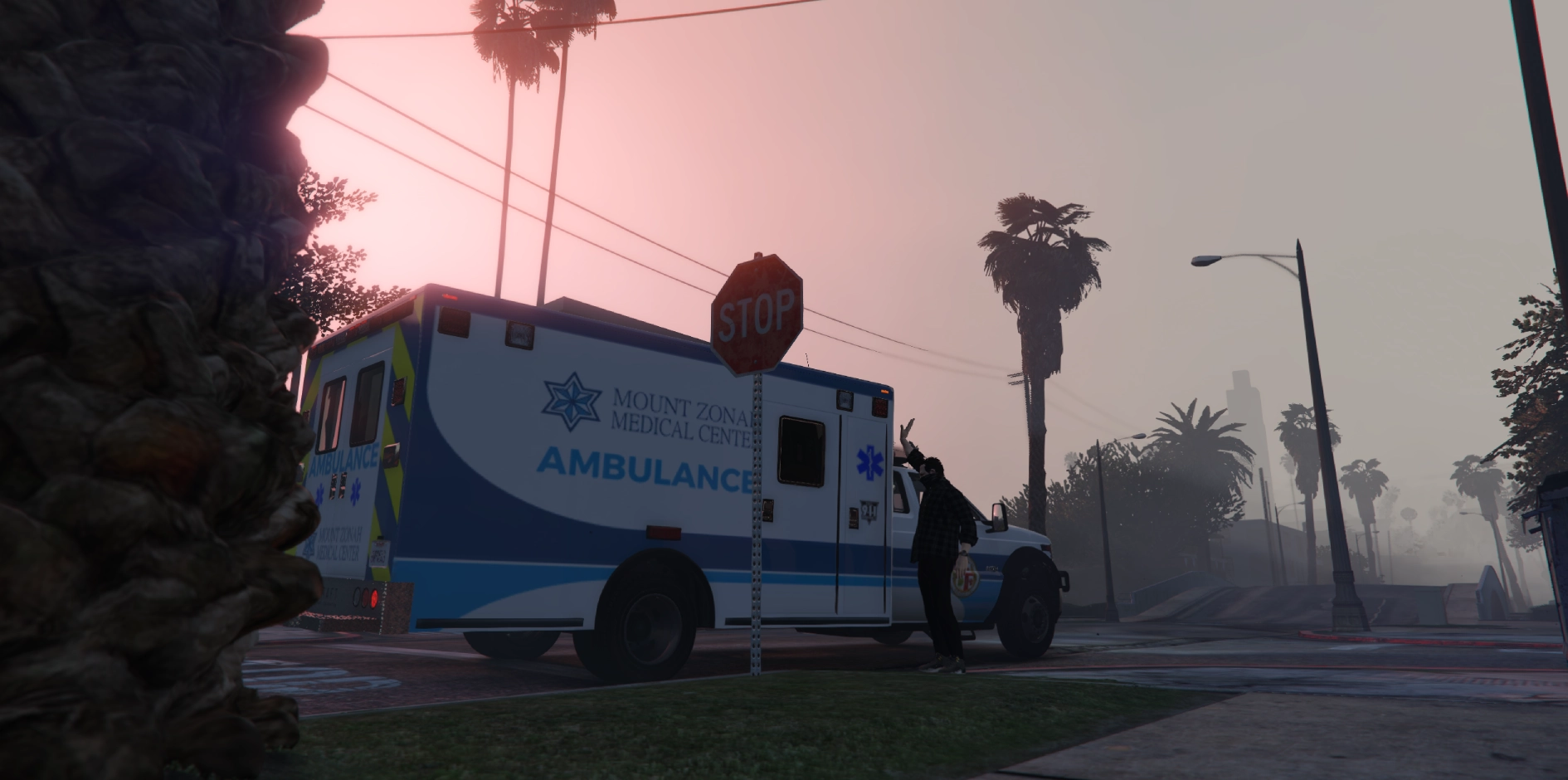 A paramedic healing someone with ambulance