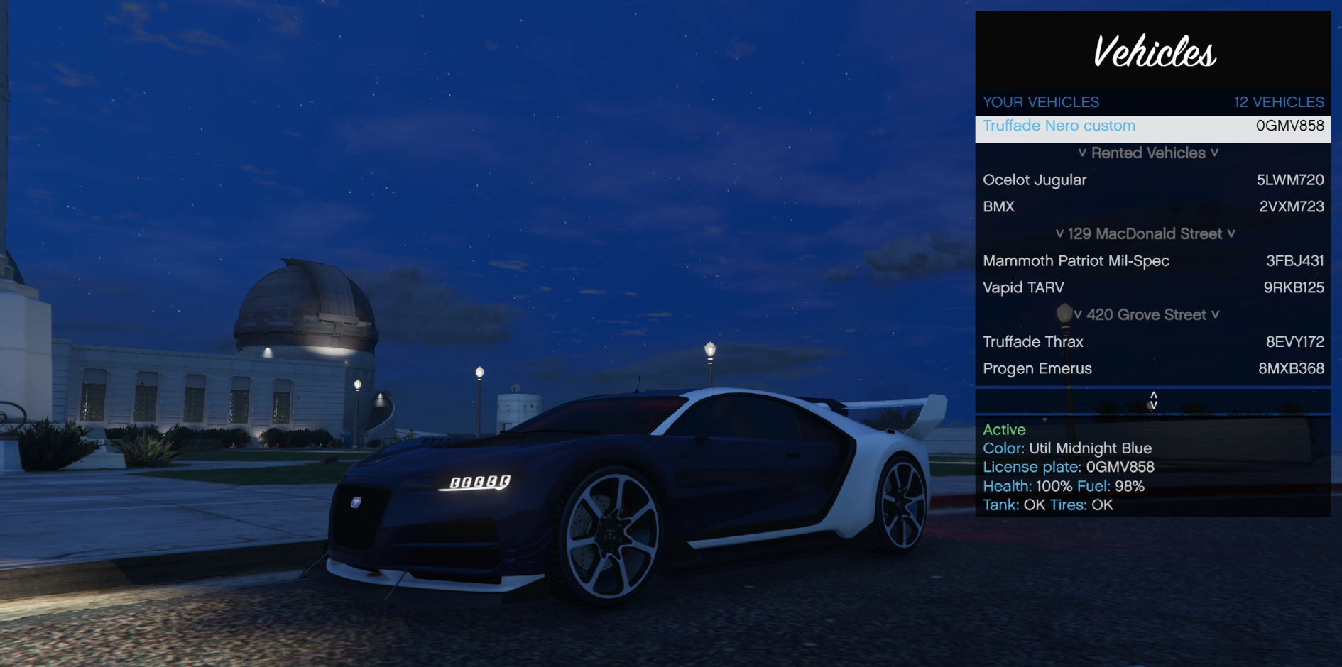 Personal Vehicles: Vehicle menu