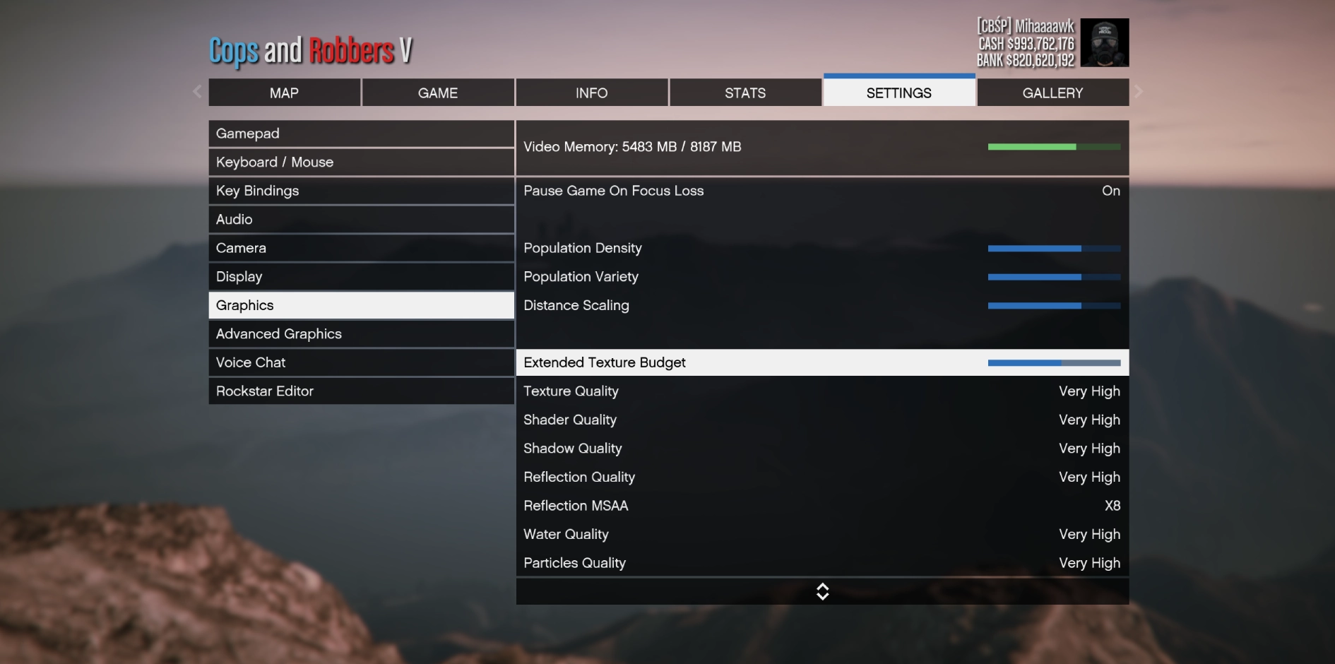 Menu for extended texture budget